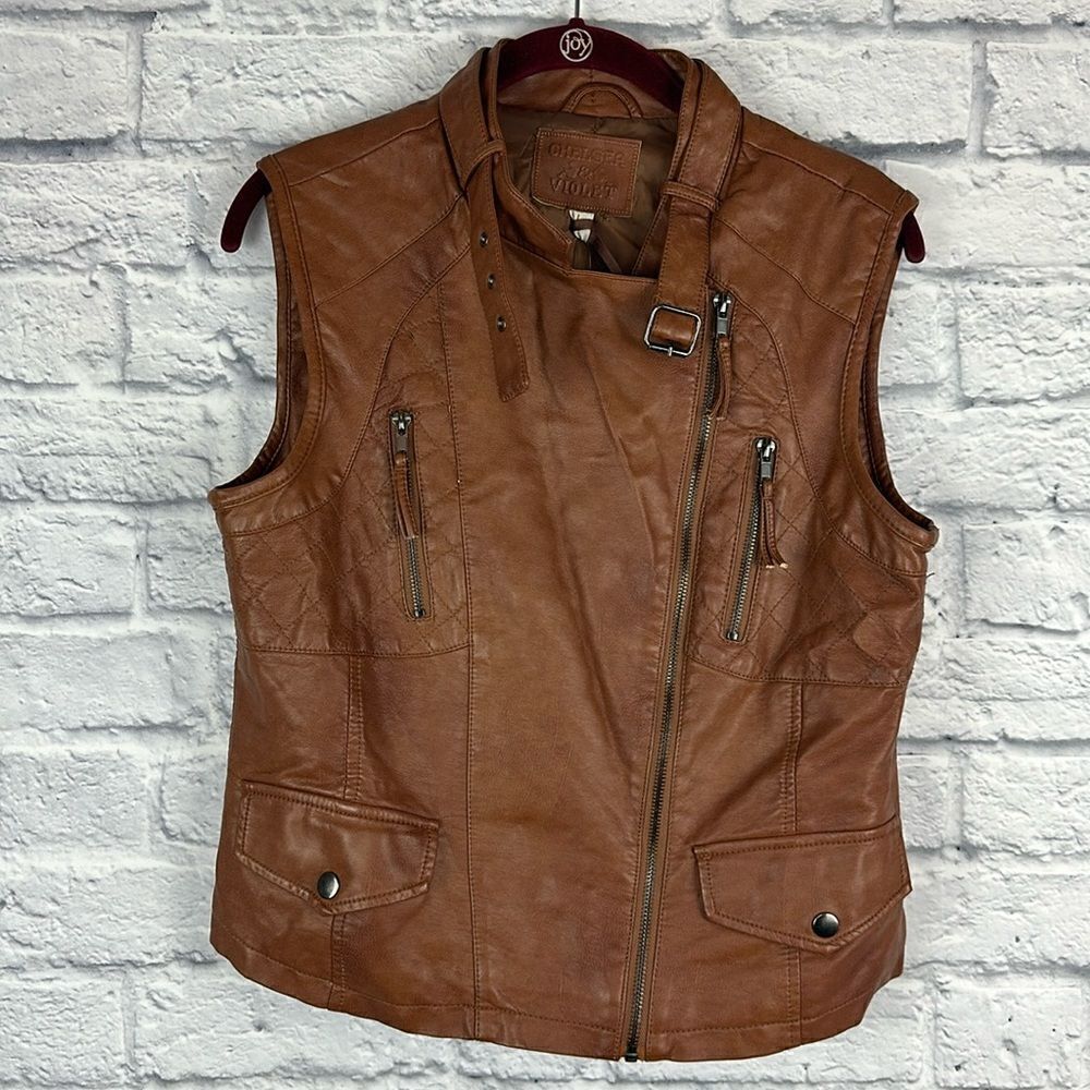 Chelsea & Violet Moto Biker Vest Cognac Faux Leather Size Large Buckle Collar